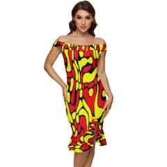 Off Shoulder Ruffle Split Hem Bodycon Dress 
