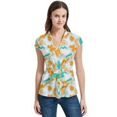Women s Cap Sleeve Mandarin Collar Waist Tie Blouse 