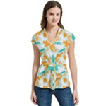 Design Pattern Seamless Tropical Women s Cap Sleeve Mandarin Collar Waist Tie Blouse