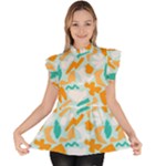 Design Pattern Seamless Tropical Ruffle Collar Short Sleeve Chiffon Top