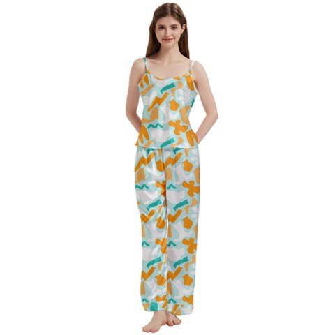 Design Pattern Seamless Tropical Spaghetti Top Long Pants Satin Pajamas Set from ArtsNow.com