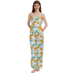 Design Pattern Seamless Tropical Spaghetti Top Long Pants Satin Pajamas Set from ArtsNow.com