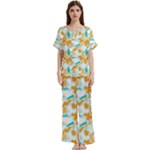 Design Pattern Seamless Tropical Short Sleeve Long Pants Satin Pajamas Set