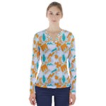 Design Pattern Seamless Tropical V-Neck Long Sleeve Top