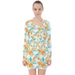 Design Pattern Seamless Tropical V-neck Bodycon Long Sleeve Dress