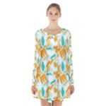 Design Pattern Seamless Tropical Long Sleeve Velvet V-neck Dress
