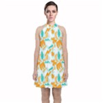 Design Pattern Seamless Tropical Velvet Halter Neckline Dress 