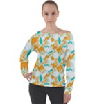 Design Pattern Seamless Tropical Off Shoulder Long Sleeve Velour Top