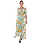 Design Pattern Seamless Tropical Off Shoulder Open Front Chiffon Dress