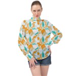 Design Pattern Seamless Tropical High Neck Long Sleeve Chiffon Top