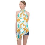 Design Pattern Seamless Tropical Halter Asymmetric Satin Top