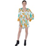Design Pattern Seamless Tropical V-Neck Flare Sleeve Mini Dress