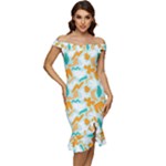 Design Pattern Seamless Tropical Off Shoulder Ruffle Split Hem Bodycon Dress