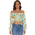 Design Pattern Seamless Tropical Long Sleeve Crinkled Weave Crop Top