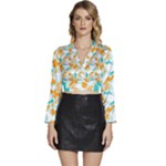 Design Pattern Seamless Tropical Long Sleeve Tie Back Satin Wrap Top
