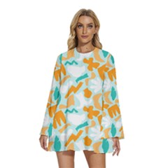 Round Neck Long Sleeve Bohemian Style Chiffon Mini Dress 