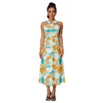Design Pattern Seamless Tropical Sleeveless Cross Front Cocktail Midi Chiffon Dress