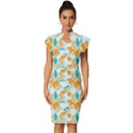 Design Pattern Seamless Tropical Vintage Frill Sleeve V-Neck Bodycon Dress