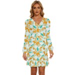 Design Pattern Seamless Tropical Long Sleeve Waist Tie Ruffle Velvet Dress
