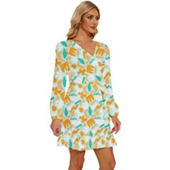 Long Sleeve Waist Tie Ruffle Velvet Dress 