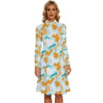 Design Pattern Seamless Tropical Long Sleeve Shirt Collar A-Line Dress