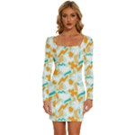 Design Pattern Seamless Tropical Long Sleeve Square Neck Bodycon Velvet Dress