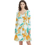 Design Pattern Seamless Tropical Long Sleeve V-neck skater dress with Pockets
