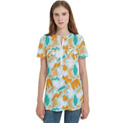 Women s Zip Front V-Neck Short Sleeve Casual Top Pocket Shirt 