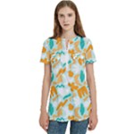 Design Pattern Seamless Tropical Women s Zip Front V-Neck Short Sleeve Casual Top Pocket Shirt