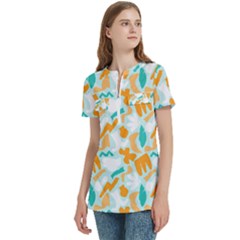 Women s Zip Front V-Neck Short Sleeve Casual Top Pocket Shirt 