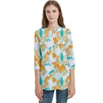 Design Pattern Seamless Tropical Women s Zip Front V-Neck 3/4 Sleeve Casual Top Pocket Shirt