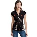Pattern Design Seamless Fishbone Women s Cap Sleeve Mandarin Collar Waist Tie Blouse