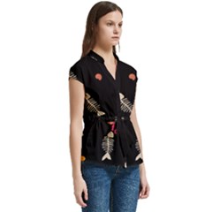 Women s Cap Sleeve Mandarin Collar Waist Tie Blouse 