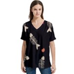 Pattern Design Seamless Fishbone V-Neck Split Shoulder Casual T-Shirt