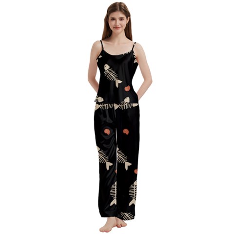 Pattern Design Seamless Fishbone Spaghetti Top Long Pants Satin Pajamas Set from ArtsNow.com