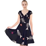 Pattern Design Seamless Fishbone Cap Sleeve Front Wrap Midi Dress