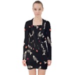 Pattern Design Seamless Fishbone V-neck Bodycon Long Sleeve Dress