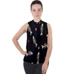 Pattern Design Seamless Fishbone Mock Neck Chiffon Sleeveless Top
