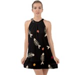Pattern Design Seamless Fishbone Halter Tie Back Chiffon Dress