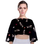 Pattern Design Seamless Fishbone Tie Back Butterfly Sleeve Chiffon Top
