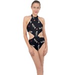 Pattern Design Seamless Fishbone Halter Side Cut Swimsuit