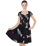Pattern Design Seamless Fishbone Cap Sleeve Midi Dress