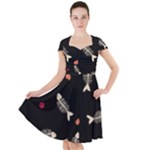 Pattern Design Seamless Fishbone Cap Sleeve Midi Dress With Pockets