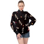 Pattern Design Seamless Fishbone High Neck Long Sleeve Chiffon Top