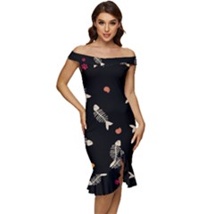 Off Shoulder Ruffle Split Hem Bodycon Dress 