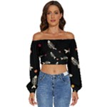 Pattern Design Seamless Fishbone Long Sleeve Crinkled Weave Crop Top