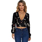Pattern Design Seamless Fishbone Long Sleeve Deep-V Velour Top