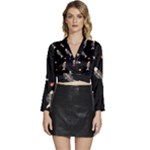 Pattern Design Seamless Fishbone Long Sleeve Tie Back Satin Wrap Top