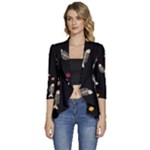 Pattern Design Seamless Fishbone Women s 3/4 Sleeve Ruffle Edge Open Front Jacket
