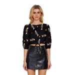 Pattern Design Seamless Fishbone Mid Sleeve Drawstring Hem Top